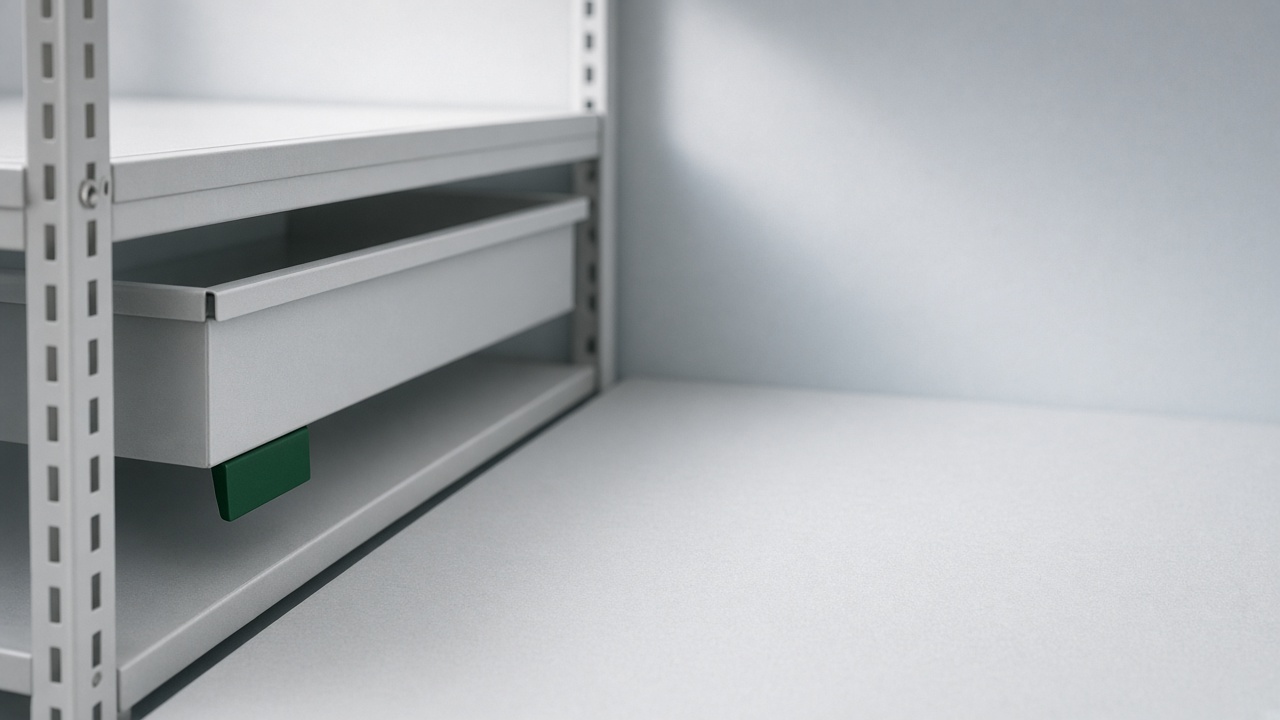 A pale metal shelf with a green bin tab