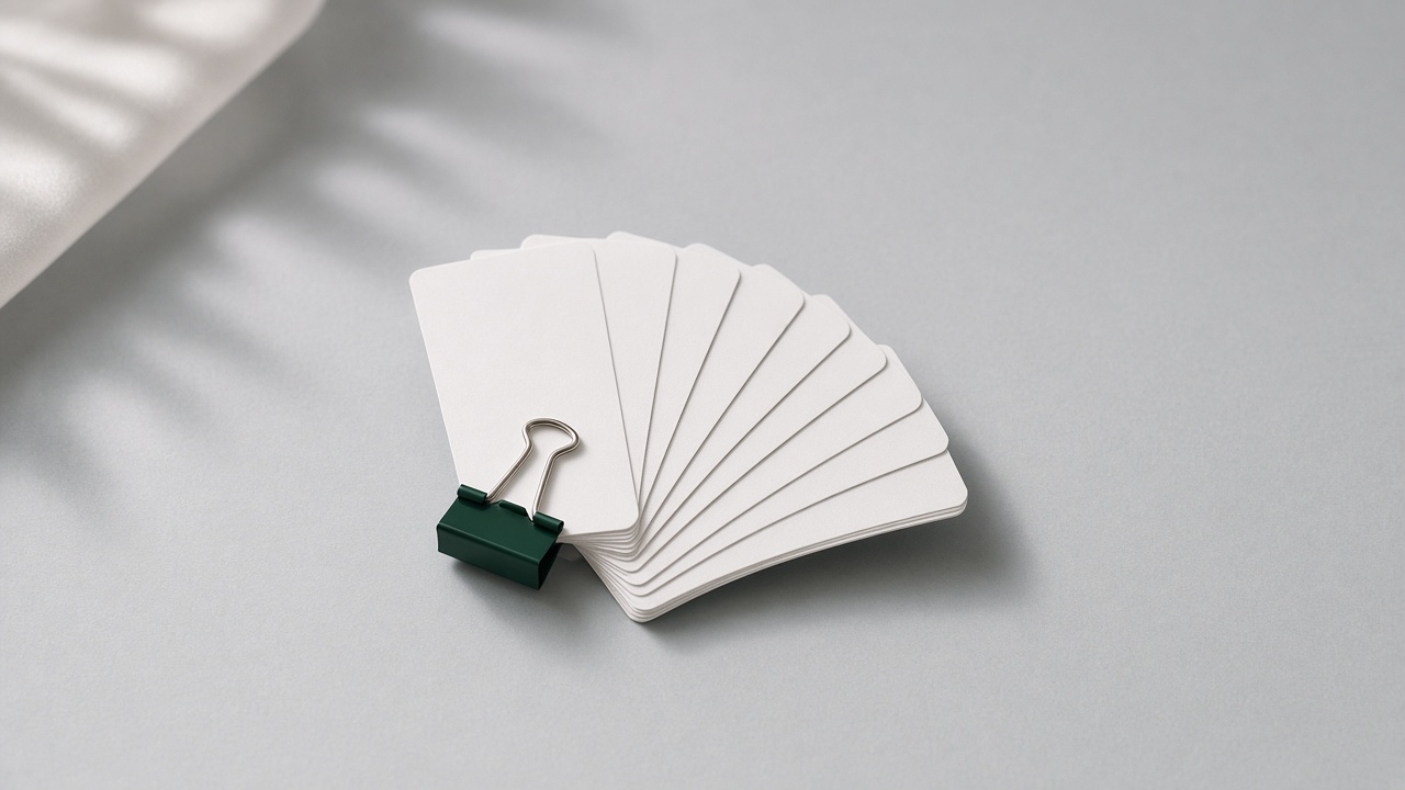 A fan of blank cards in a green binder clip