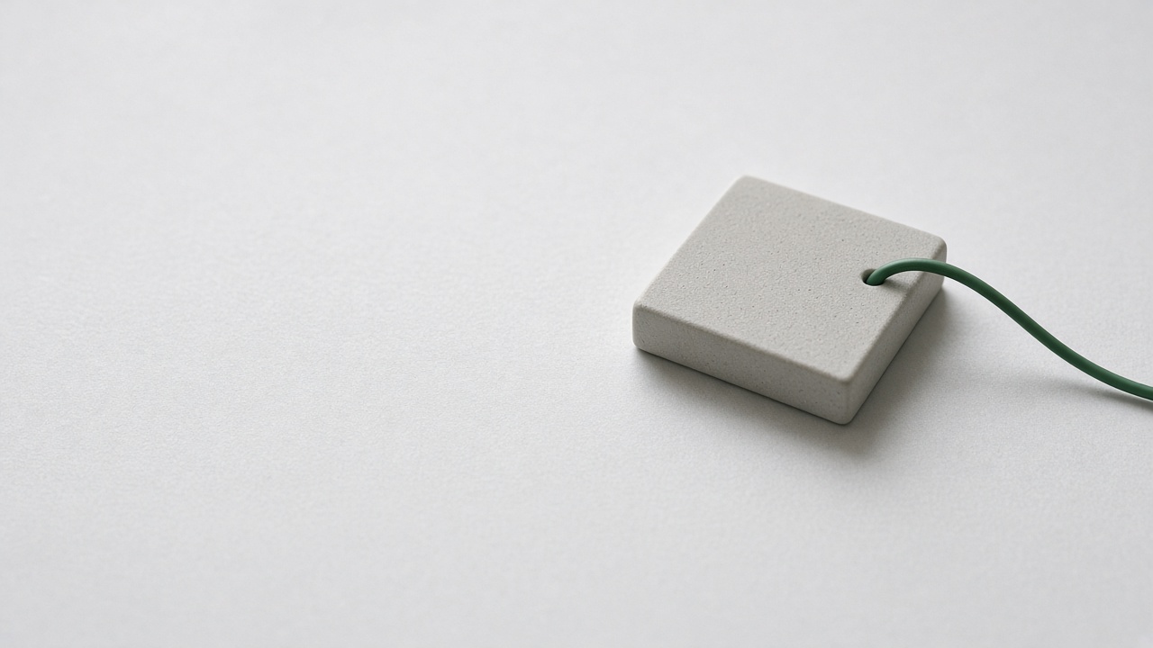 A small square module with a green wire