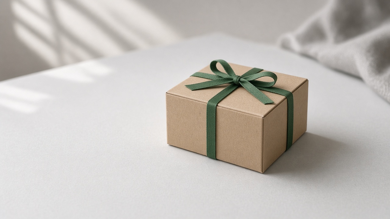 A small kraft box tied with a green ribbon