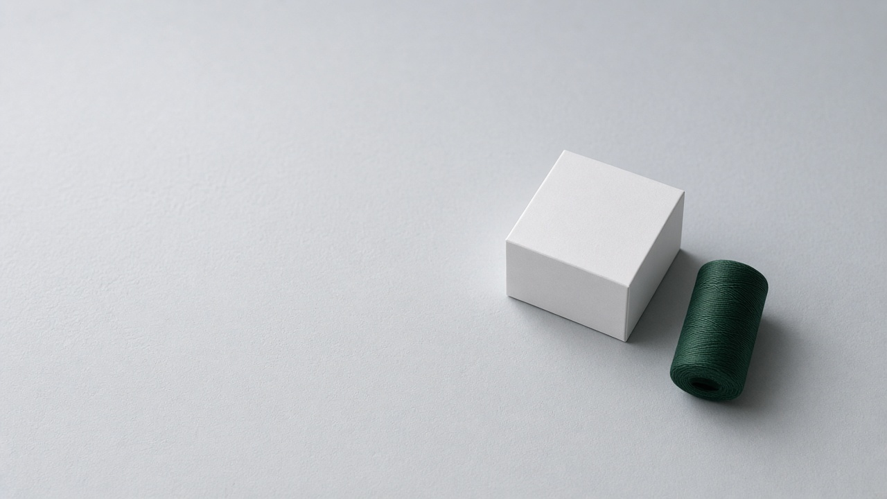 A small white box beside a spool of green thread