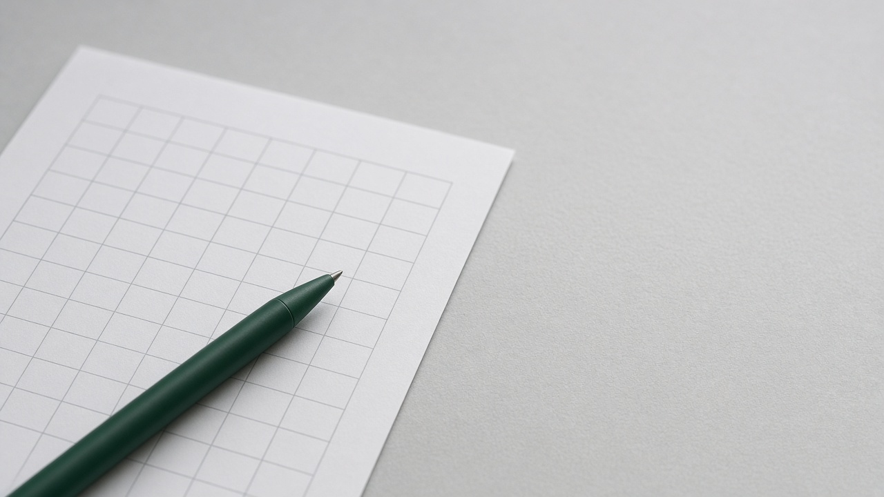 Graph paper and a green pen on a pale desk