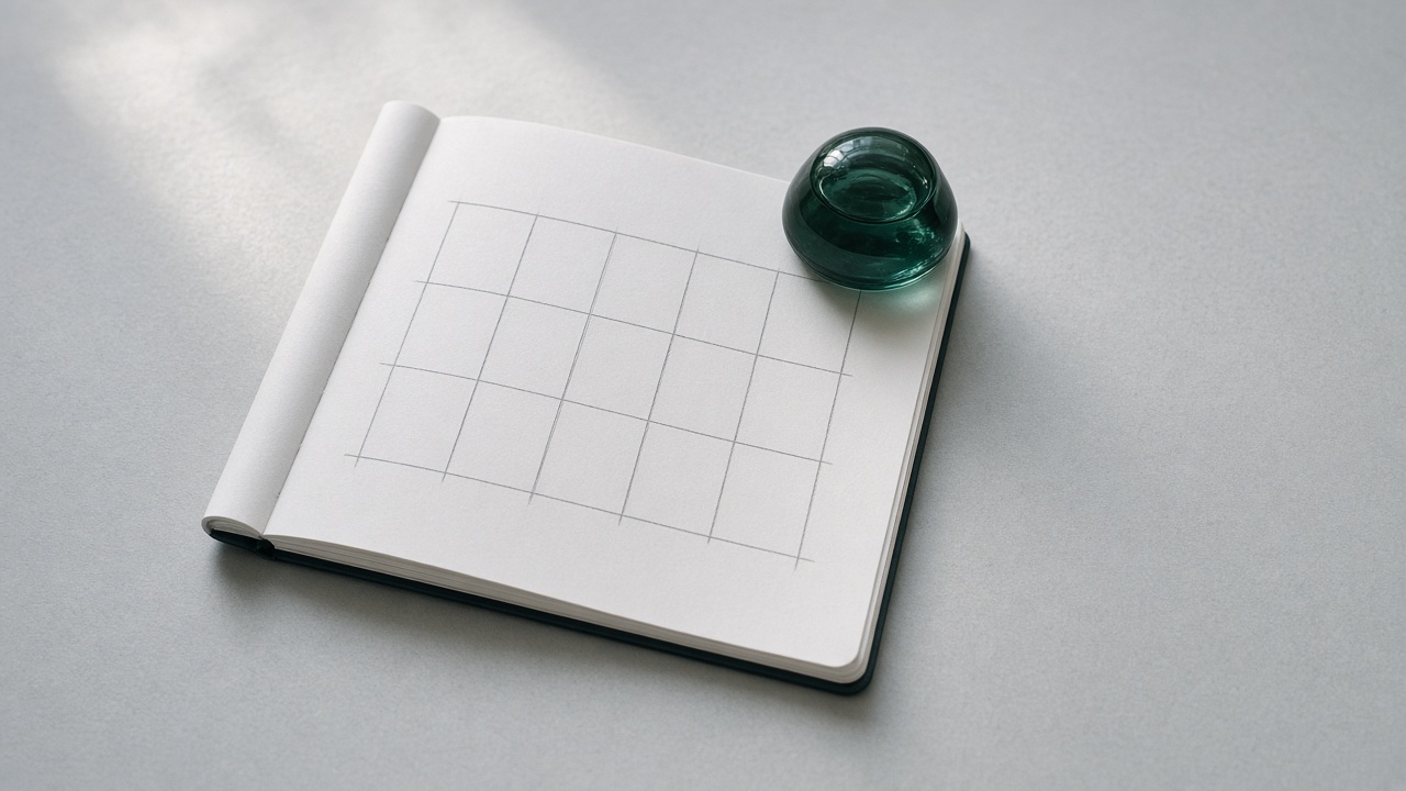 An open notebook with an empty grid and a green glass weight