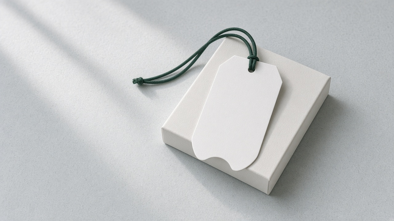 A blank tag on a green string, resting on a white box