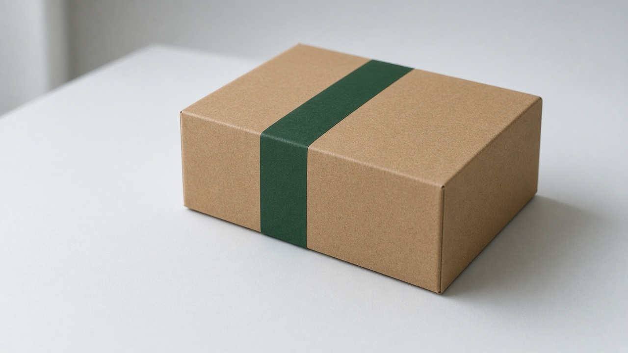 A corrugated carton closed with a green tape band