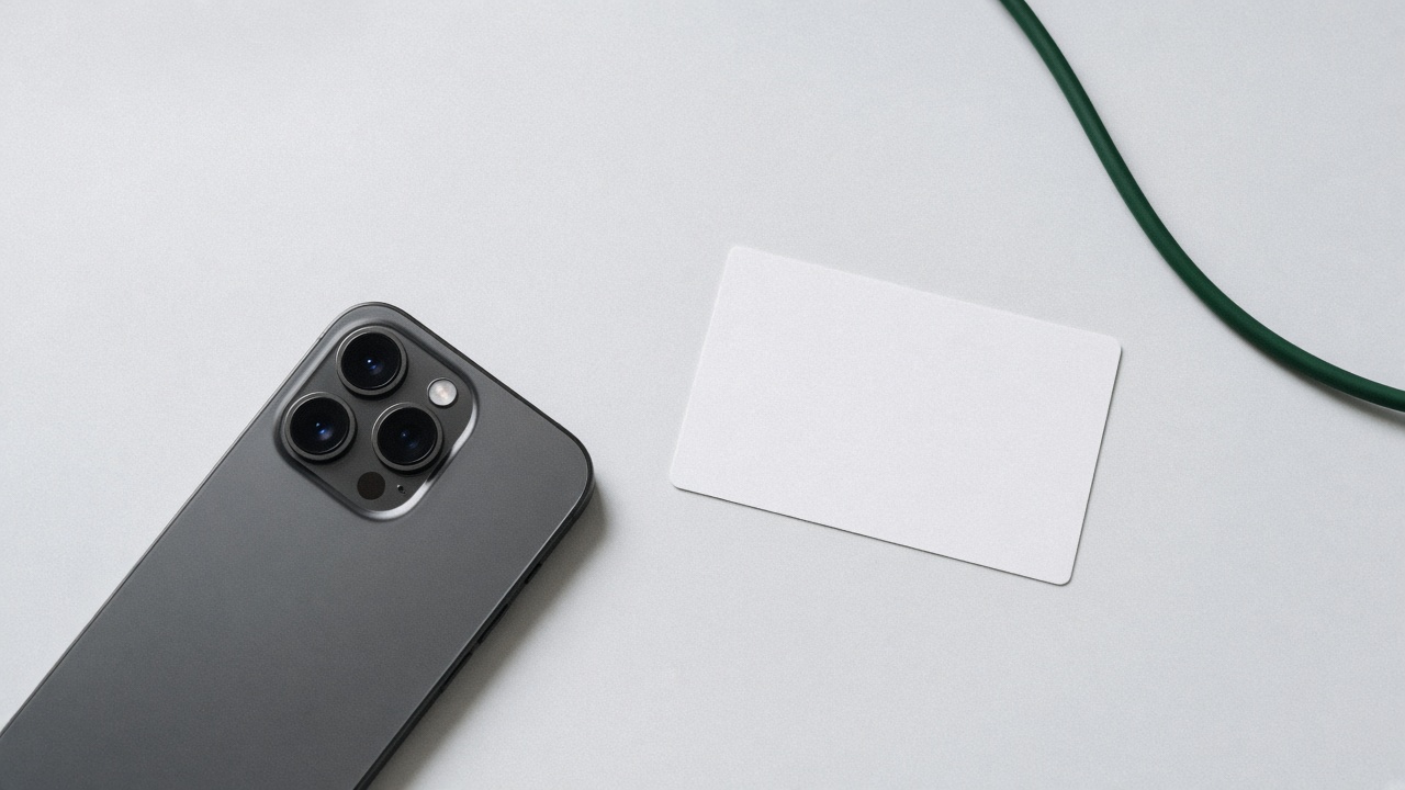 A phone camera beside a blank card and a green cable
